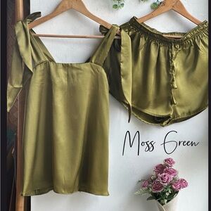 Chic Moss Green Satin Top and Shorts Set